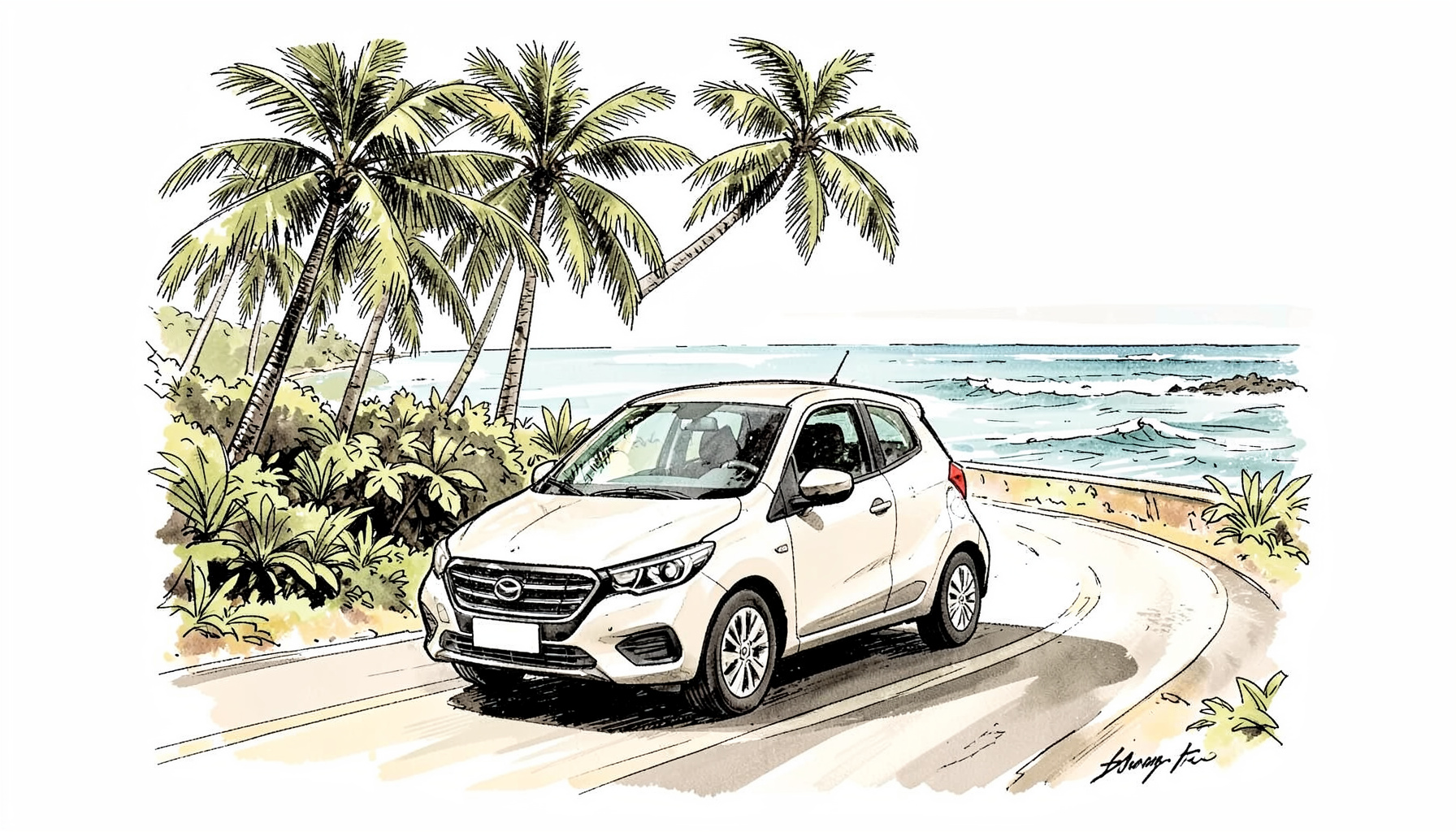 A hand-drawn ink illustration of a compact car driving along a winding coastal road in Bali, with palm trees and ocean in the background, warm tropical mood