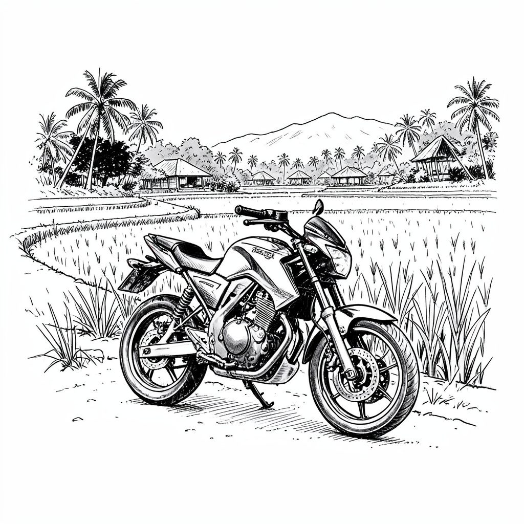 Hand-drawn ink sketch of a motorbike leaning on a stand beside a rice field, calm rural Bali atmosphere