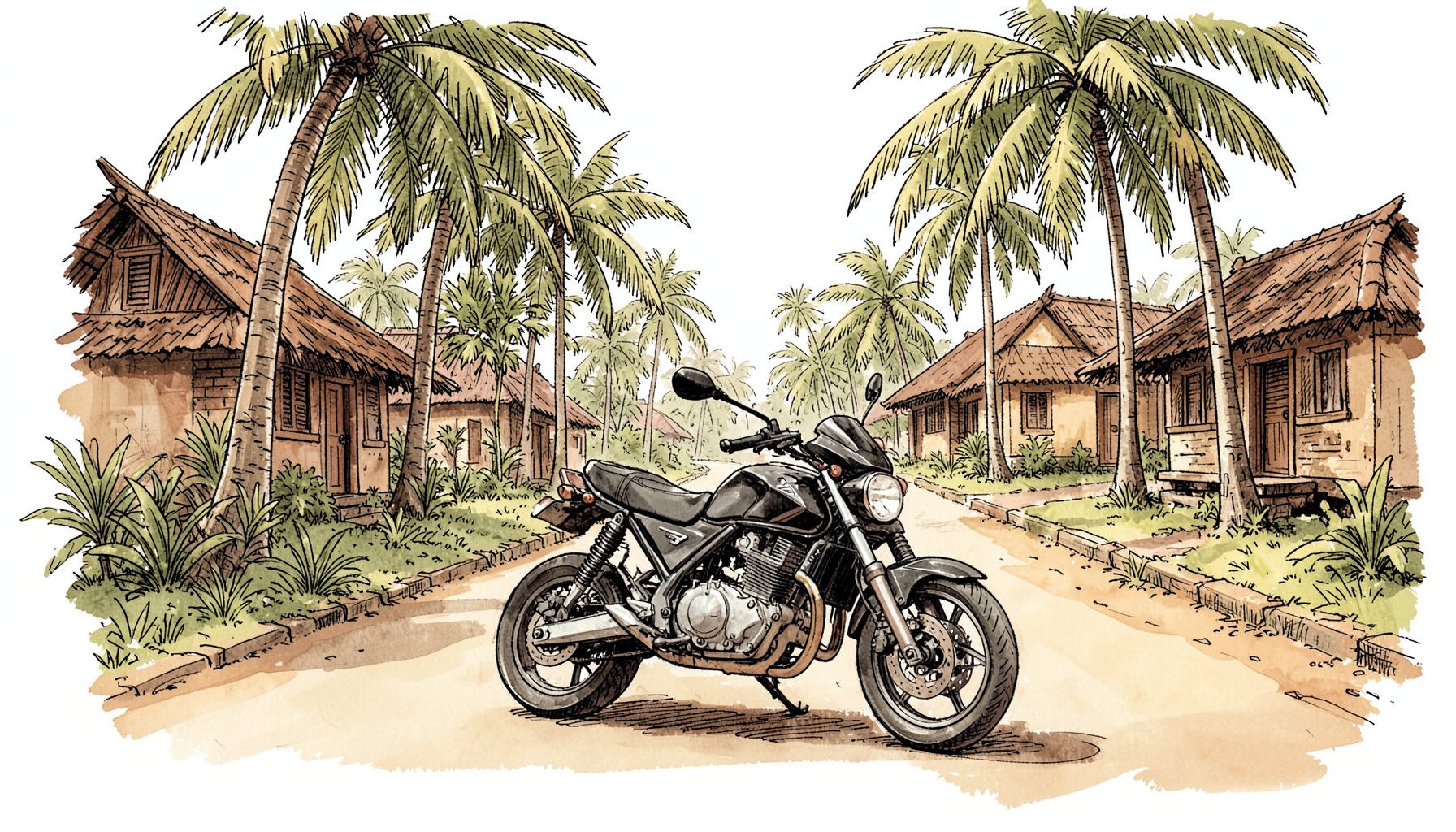 Hand-drawn ink illustration of a motorbike parked on a quiet Balinese village road lined with palm trees, warm earthy tones and soft shadows