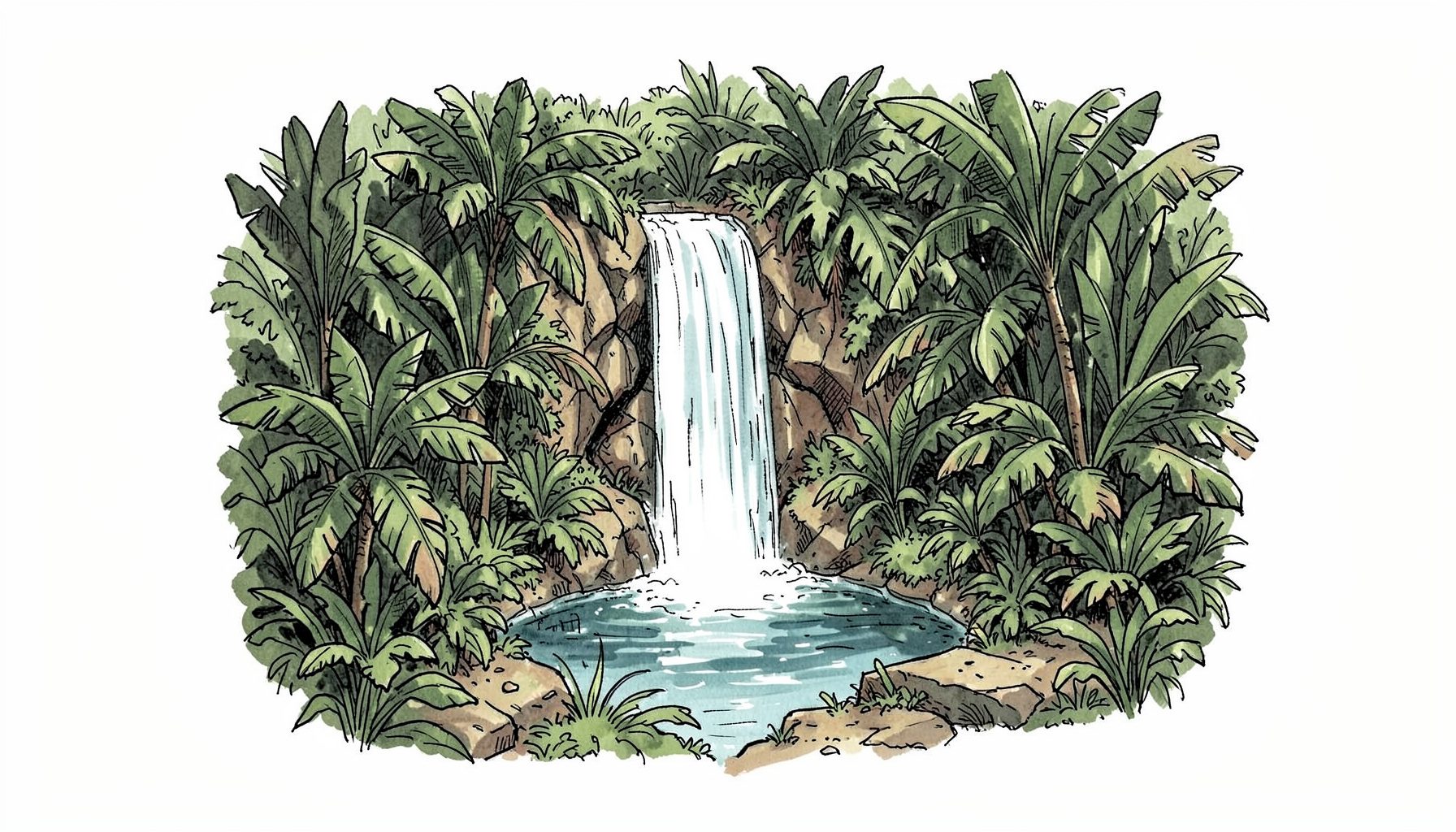 Hand-drawn ink illustration of a hidden waterfall cascading into a jungle pool, surrounded by dense tropical foliage in deep greens and soft earth tones