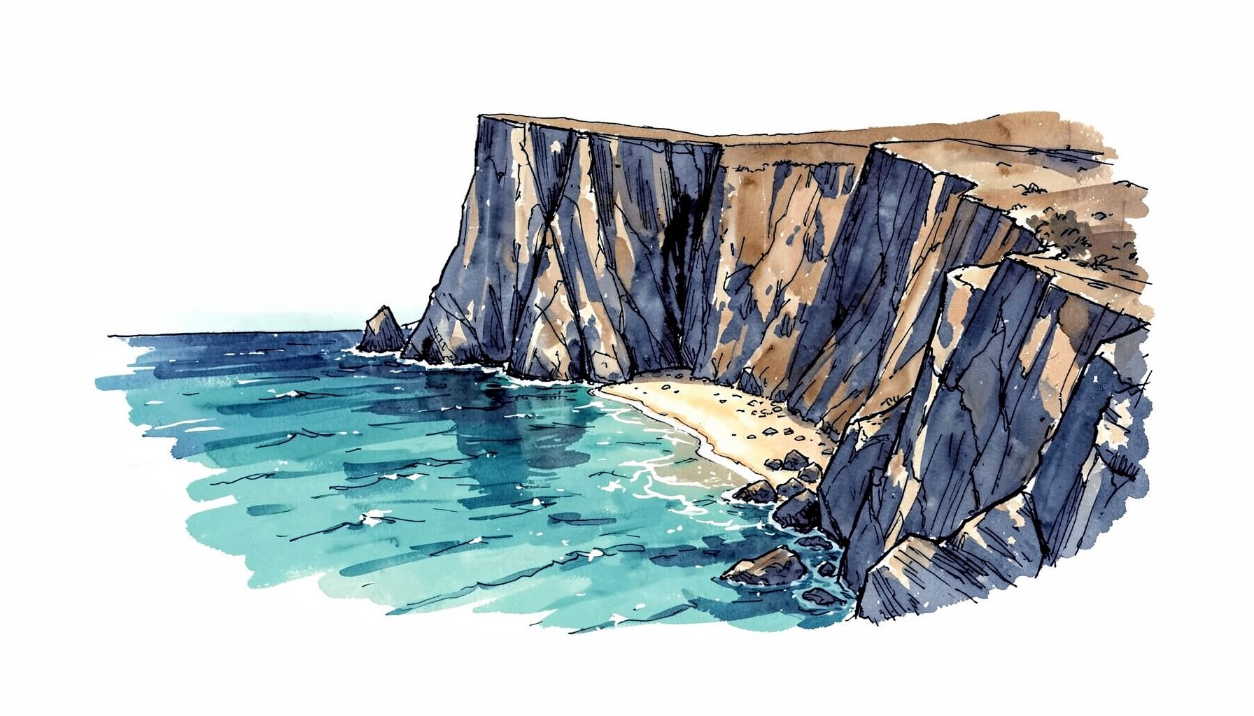 Hand-drawn ink illustration of dramatic coastal cliffs rising from turquoise water, with a small sandy beach tucked into a cove, rendered in deep blue and warm sepia tones