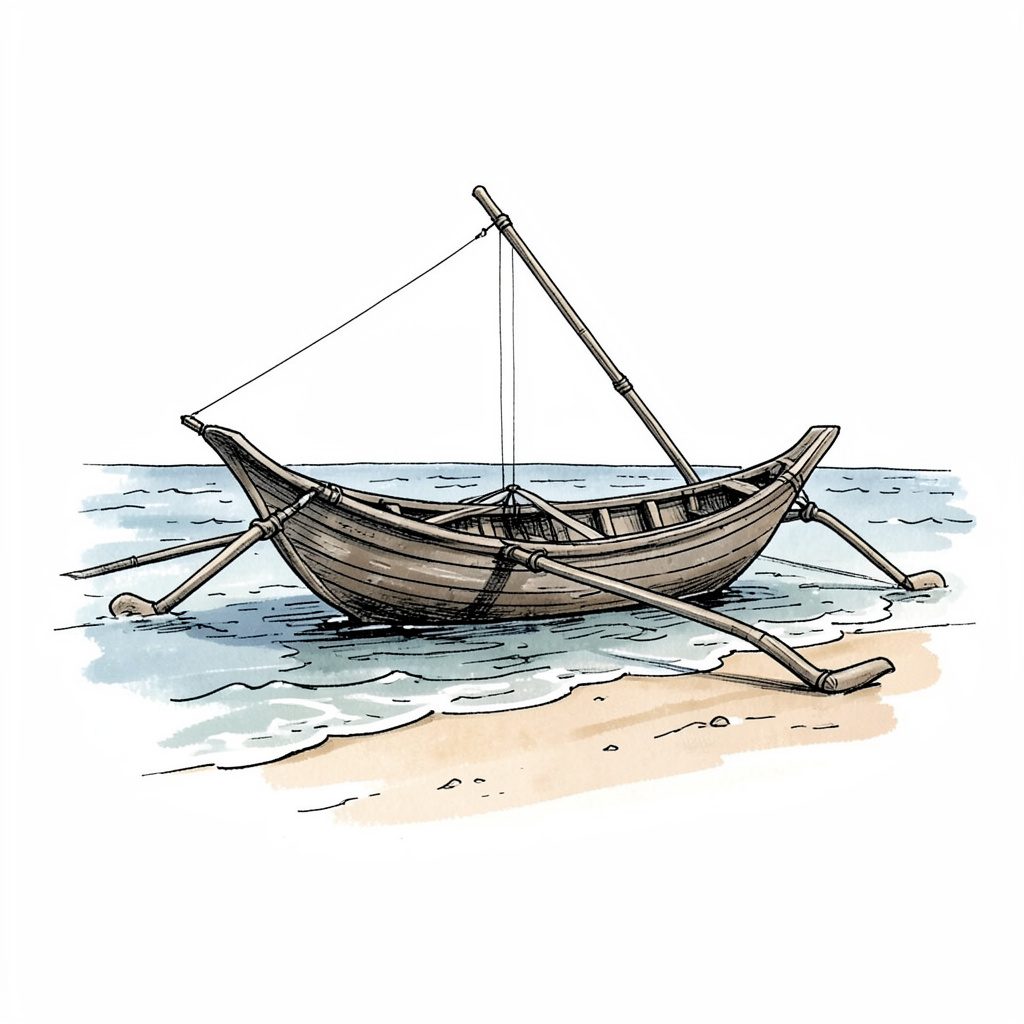 Hand-drawn ink illustration of a traditional outrigger boat resting on a quiet shoreline with gentle waves, in muted blues and sandy beige