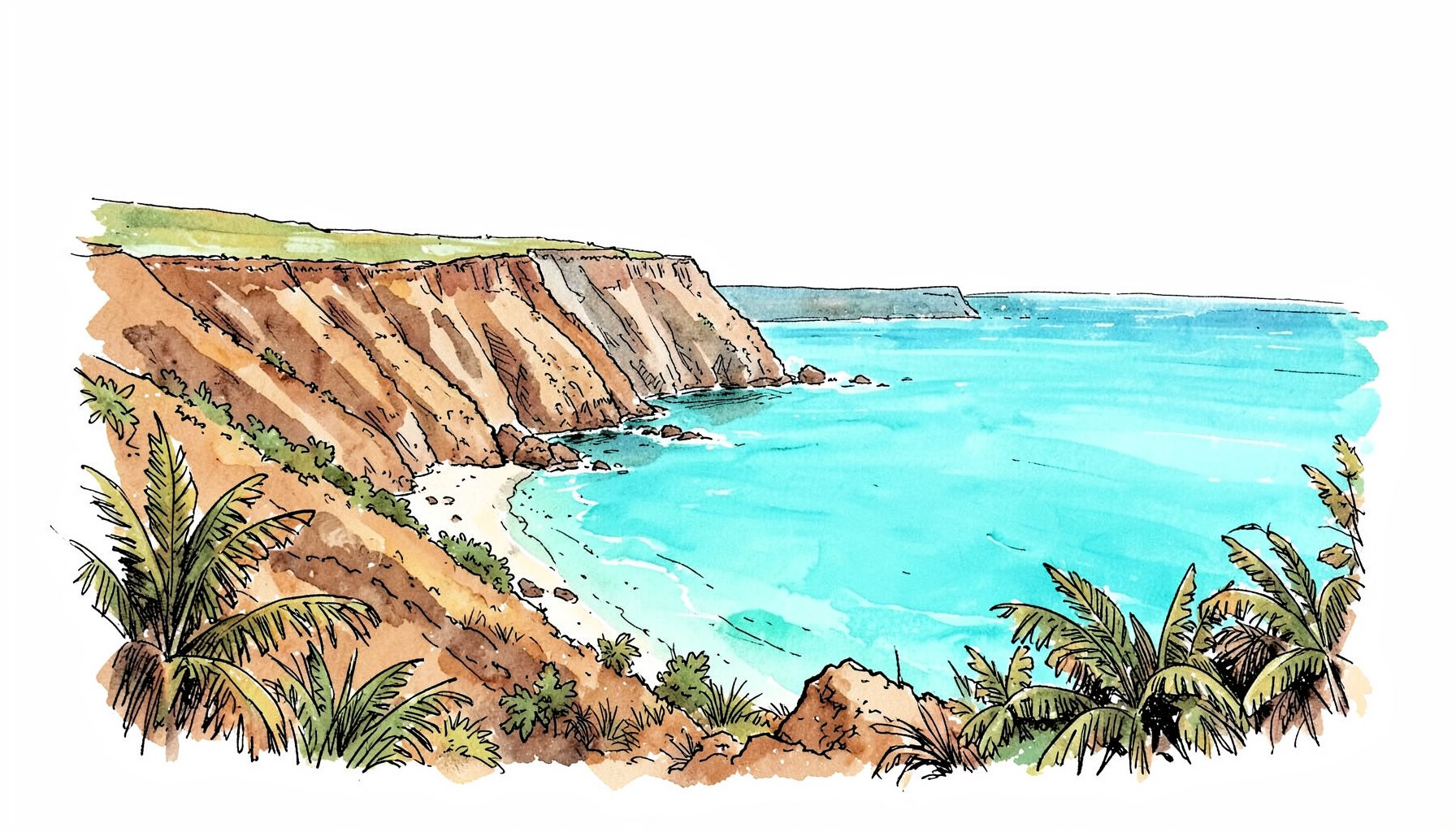 Hand-drawn ink illustration of a panoramic coastal view with layered cliffs descending into bright turquoise sea, scattered tropical foliage in the foreground, warm earthy palette