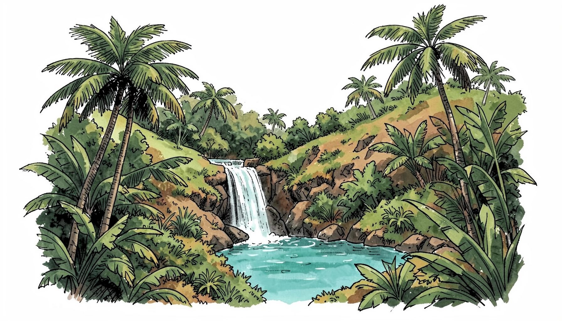 Hand-drawn ink illustration of a lush Balinese hillside with palm trees, a hidden waterfall cascading into a turquoise pool, and soft tropical foliage framing the scene in deep greens and warm earth tones