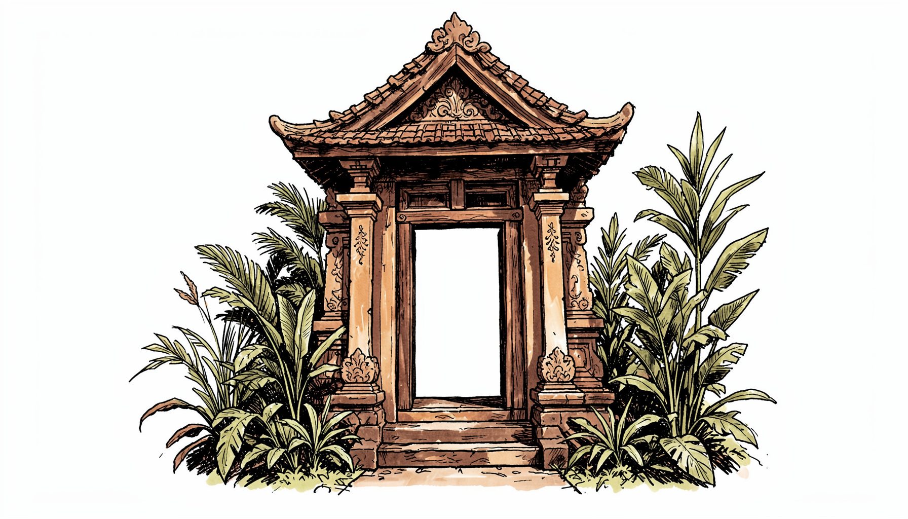 Hand-drawn ink illustration of a traditional Balinese doorway framed by tropical foliage, warm earthy tones and deep shadows