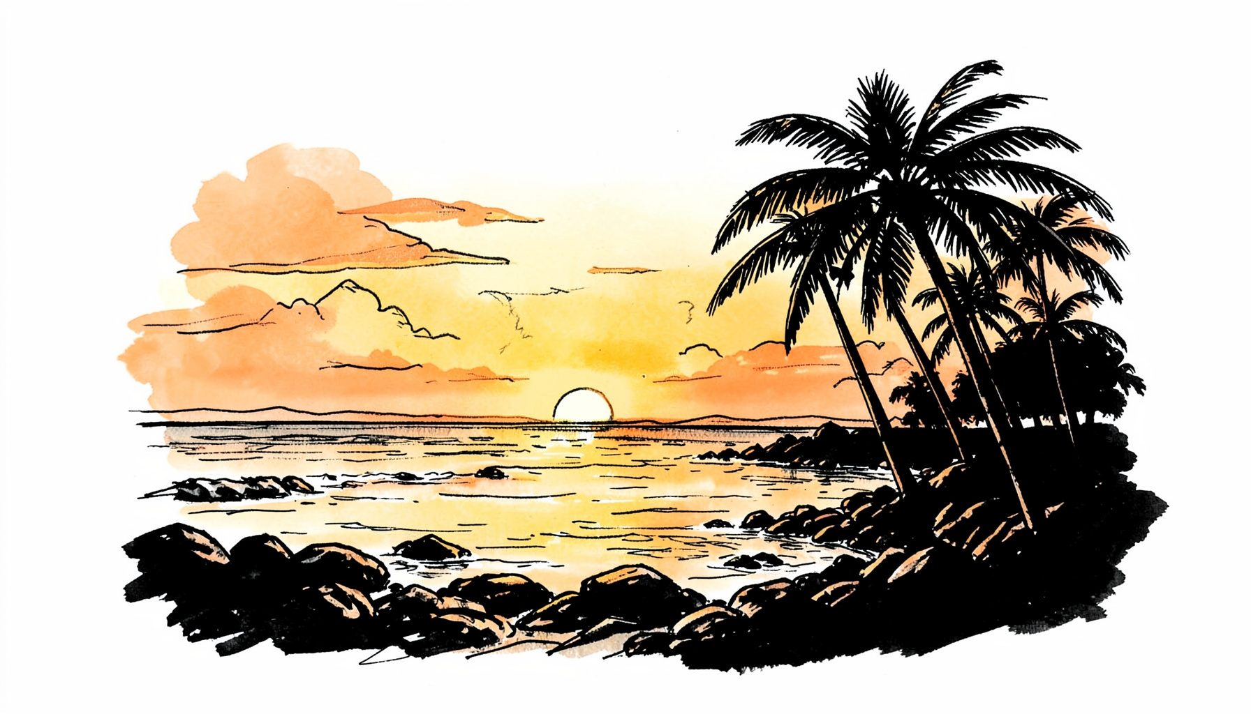 Hand-drawn ink illustration of a tropical Bali coastline with palm trees silhouetted against a warm sunset sky, calm and inviting mood