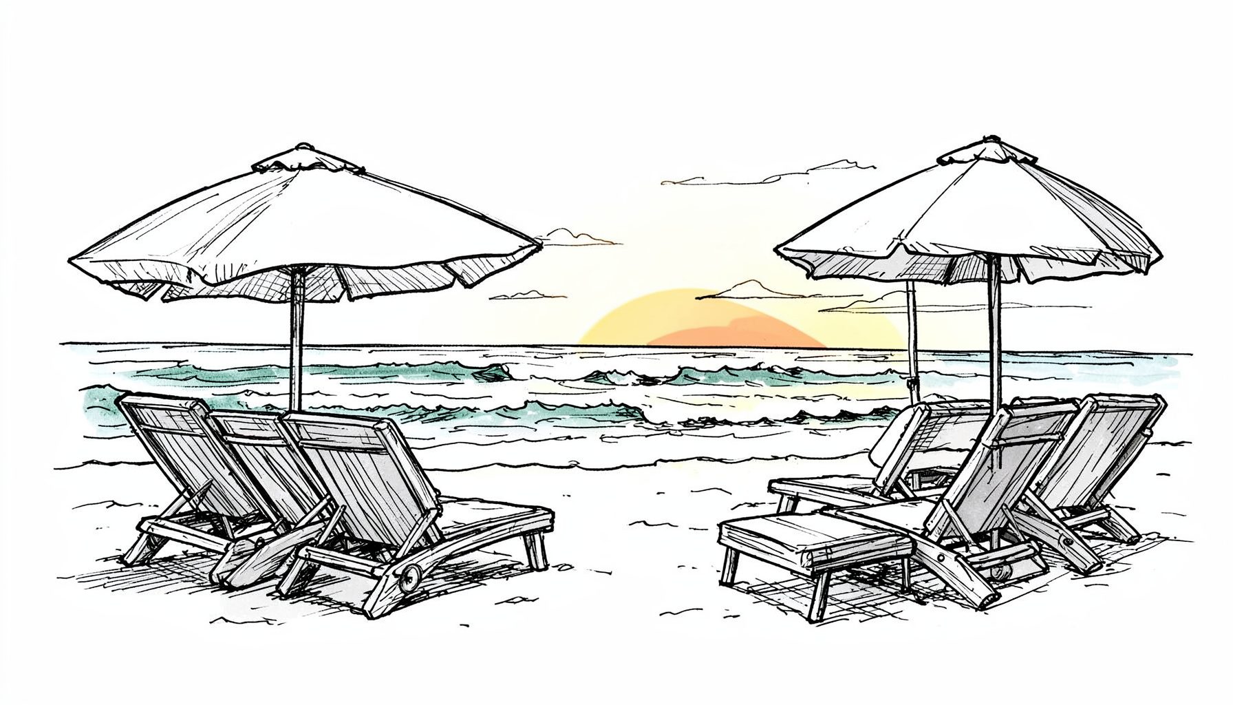 Hand-drawn ink illustration of beachfront loungers and umbrellas with ocean waves and a sunset sky, relaxed coastal mood
