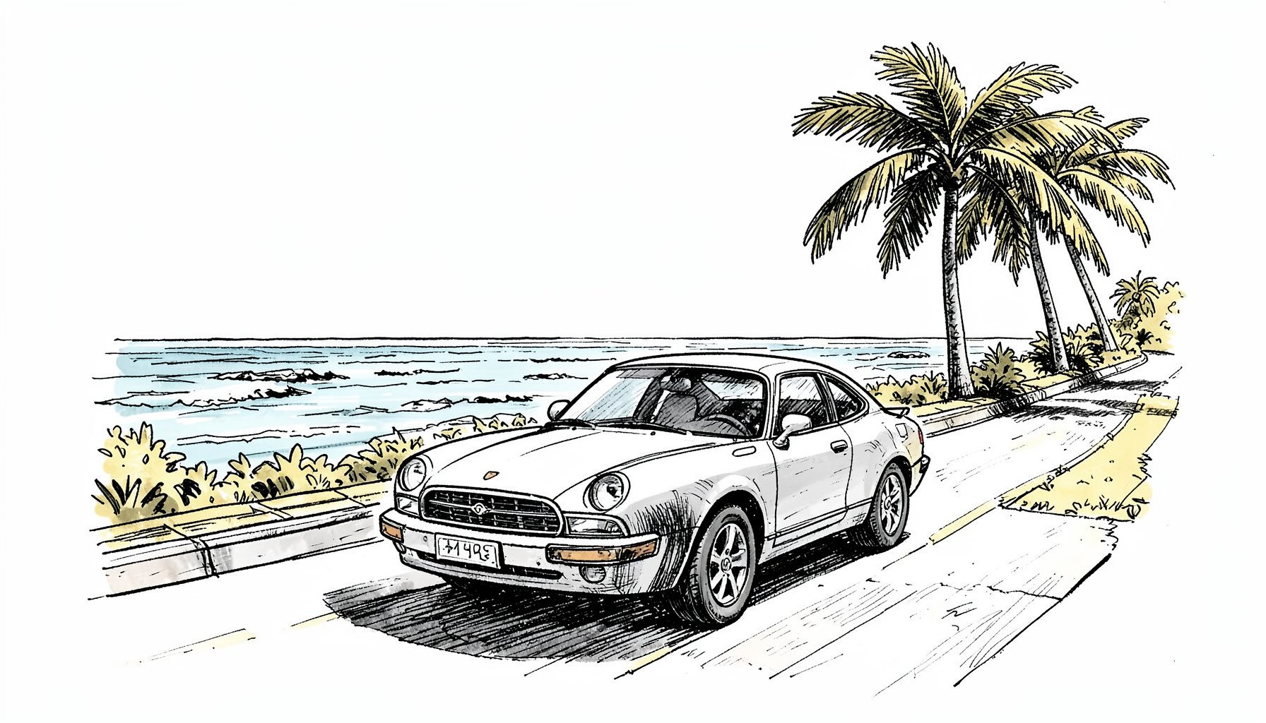 Hand-drawn ink illustration of a car driving along a coastal road with palm trees and ocean in the background, warm tropical mood