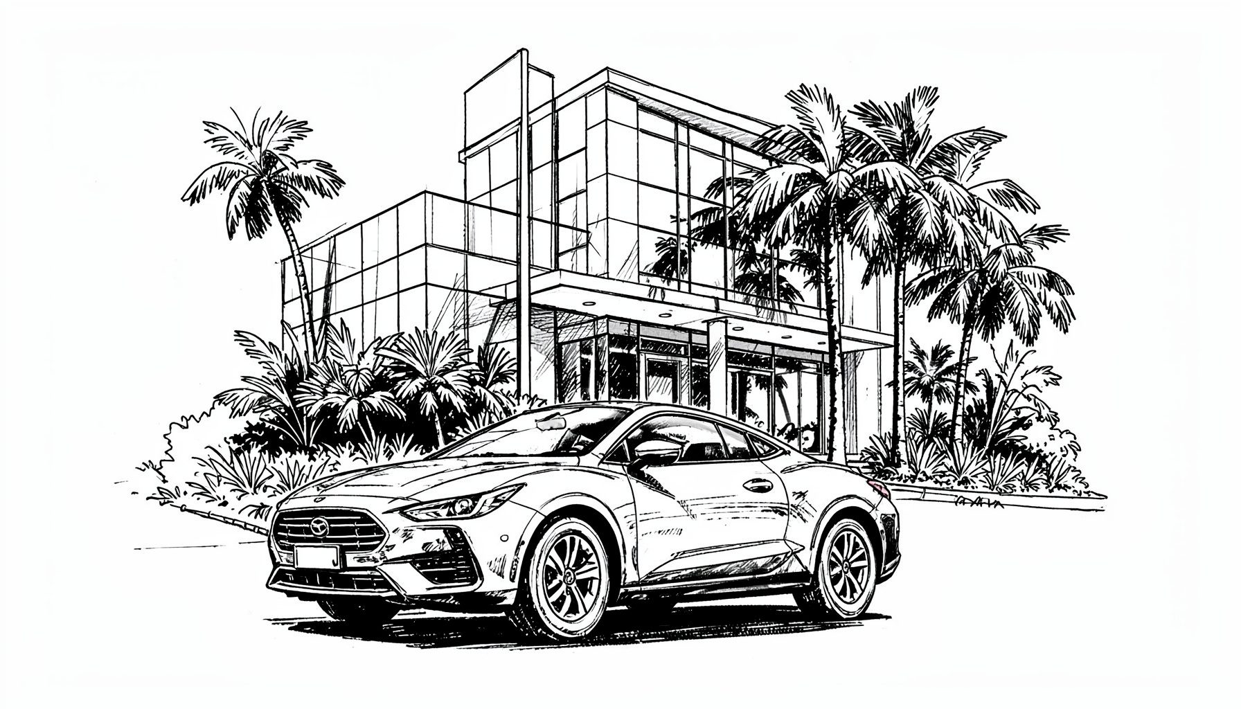 Hand-drawn ink illustration of a parked car in front of a modern office building with tropical landscaping, professional mood