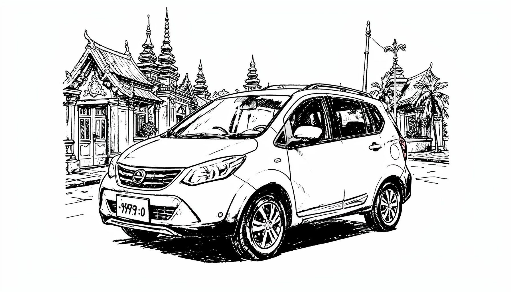 Hand-drawn ink illustration of a compact rental car with a price tag, set against a Balinese street scene with temples in the distance