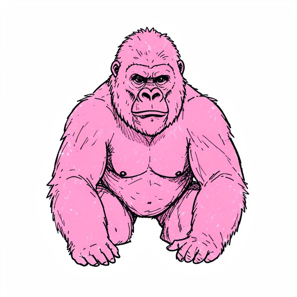 Pink gorilla mascot icon in a circular badge, playful pink and dark navy mood