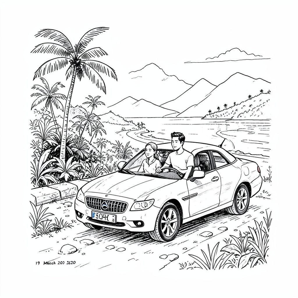 Hand-drawn ink illustration of a private car on a scenic Bali road with rice terraces and palm trees, bright travel mood