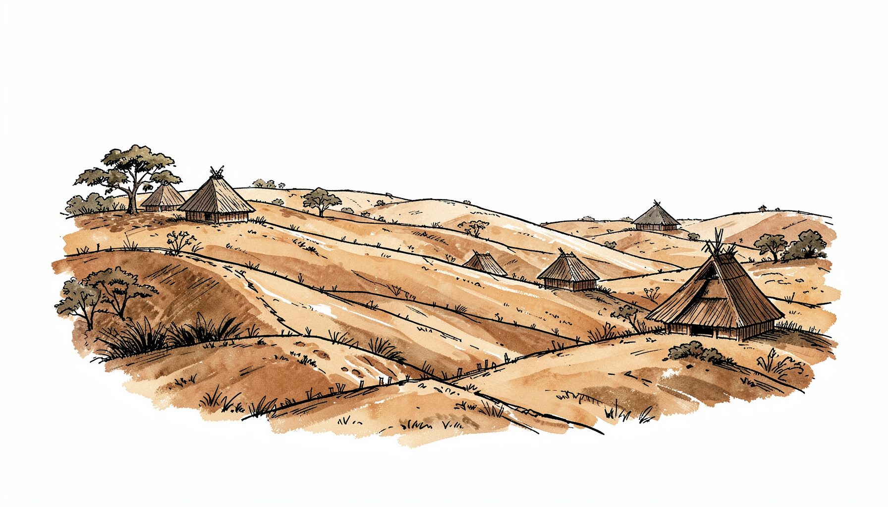 Hand-drawn ink illustration of rolling savanna hills with traditional Sumbanese peaked-roof houses scattered across the landscape, warm earthy tones